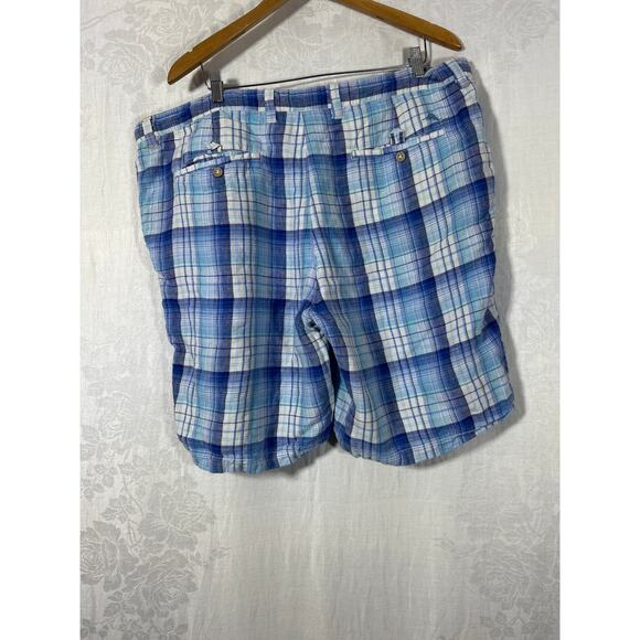 Reversible Shorts 42 Blue Plaid 100% Linen Pockets Bermuda - Picture 9 of 13